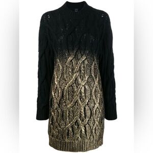 NWT Pinko Black and Gold Turtleneck Sweater dress cable knit foil wool blend M